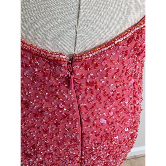 Vintage Y2K Scala Beaded Silk Halter Key Hole Backless Pink Double Slit Gown M - Picture 10 of 15